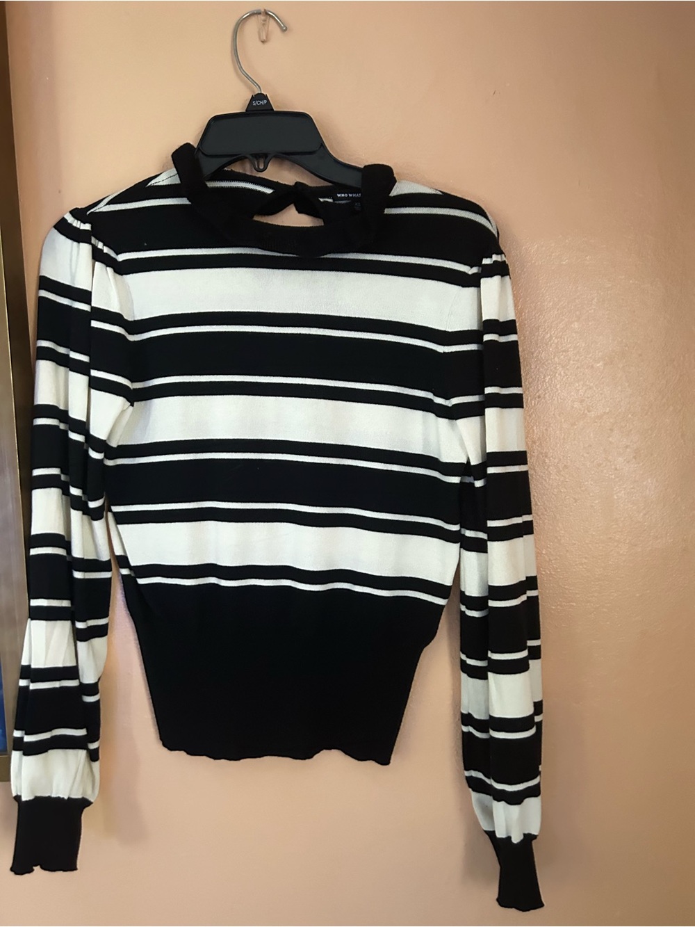 Striped Tie-Back Black & White Pullover Sweater